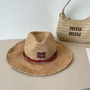 Miu Miu Beige Straw Hat with Burgundy Detail